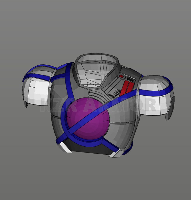 Pode incluir: Um modelo 3D de uma pe&ccedil;a de armadura de peito cinza e prata com detalhes azuis e brancos. A pe&ccedil;a de peito tem uma grande gema circular roxa no centro.