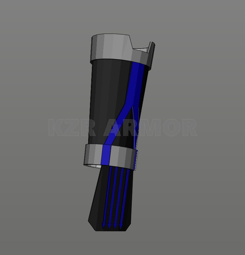 Pode incluir: Uma &oacute;rtese de perna impressa em 3D preta e azul com uma faixa prateada e o logotipo KZR ARMOR. A &oacute;rtese tem uma ponta pontiaguda com quatro linhas azuis que se estendem dela.