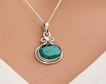 Sterling Silver Emerald Pendant Necklace – Oval Green Gemstone, Gift Boxed