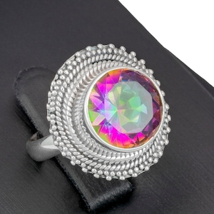 Beautiful 925 Sterling Silver Mystic Fire Topaz Gemstone Round Ring Gift Boxed - Statement Ring  - Medium jewelry - Rainbow colour jewellery
