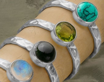 Hammered Sterling Silver Gemstone Ring: Moonstone, Amethyst, Garnet