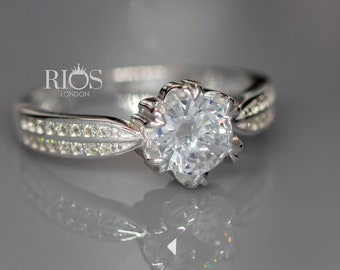 1.5 Carat Created Diamond 925 Sterling Silver Bridal Engagement Floral Ring Gift Boxed - Solitaire ring Rios London