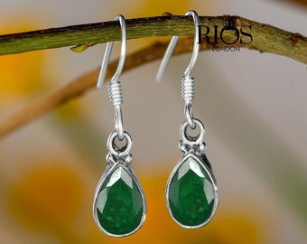 925 Sterling Silver Faceted Emerald Earrings Pear Drop Dangle Hook Teardrop Gift Boxed  -Boho jewellery/Beautiful Green Gemstone jewelry