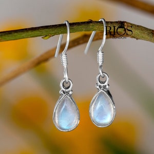 925 Sterling Silver Moonstone Pear Drop Dangle Earrings Hook Teardrop Studs Gift Box -Boho Rainbow jewellery/Beautiful Blue Gemstone jewelry