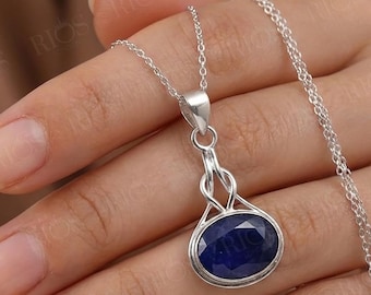 Sterling Silver Blue Sapphire Celtic Knot Pendant Necklace - Gift Boxed