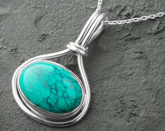 Sterling Silver Turquoise Necklace: Oval Gemstone Pendant, Gift Boxed