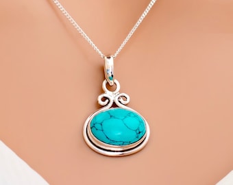 Sterling Silver Turquoise Pendant Necklace - Handmade Boho Jewelry