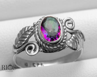 Mystic Fire Topaz Ring: Handmade 925 Sterling Silver Leaf Statement Ring