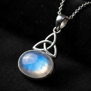 Sterling Silver Natural Moonstone Celtic Trinity Knot Pendant Necklace - Gift Boxed