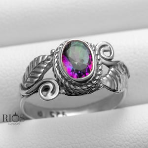 Beautiful 925 Sterling Silver Mystic Fire Topaz Gemstone Leaf / Feather Statement Ring Boxed - Rainbow colour jewellery Rios London