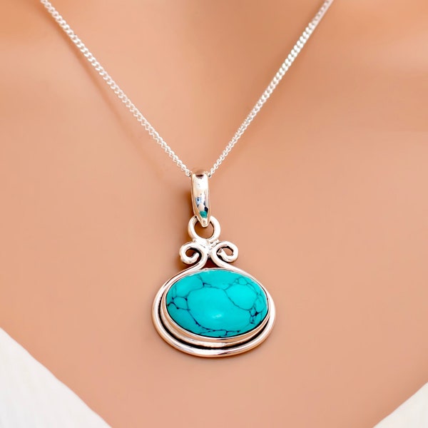 925 Sterling Silver Natural Turquoise Gemstone Pendant Women Chain Necklace Gift Boxed - Turquoise jewellery / Silver Boho Stone  jewelry