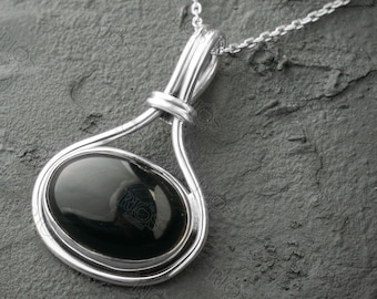 925 Sterling Silver Natural Onyx Necklace with Oval Pendant & Chain - Jet Black Gemstone Jewelry in Gift Box by Rios London - Boho Elegance