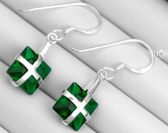 925 Sterling Silver Emerald Drop Dangle Hook Earrings Gift Boxed - Boho jewellery / Green Cushion Square Gemstone jewelry
