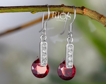 925 Sterling Silver Red Garnet Drop Dangle Earrings Hook Studs Gift Boxed - Boho jewellery / Round Fidget Rotating Gemstone Rios London