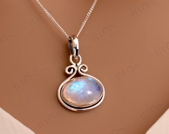 Magnifique collier en pierre de lune naturelle en argent sterling 925 avec pierres précieuses, pendentif ovale, cadeau pour femme dans une boîte - Bijoux en pierre claire / Bijoux bleus