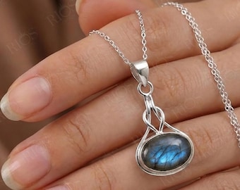 Sterling Silver Natural Labradorite Celtic Knot Pendant Necklace - Gift Boxed