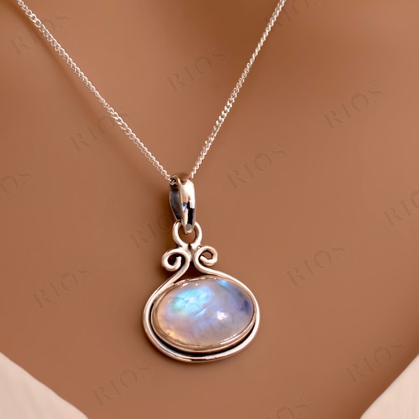 Natural Moonstone 925 Sterling Silver Oval Pendant Necklace - Rios London