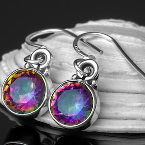Boucles d'oreilles pendantes en argent sterling 925 avec TOPAZE de feu mystique et clous d'oreilles à crochets - Bijoux en topaze de feu / Bijoux en pierres précieuses / Pierre multicolore