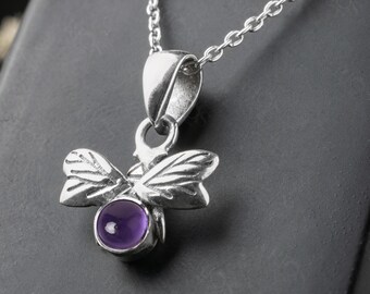 Sterling Silver Honey Bee Amethyst Pendant Necklace - Boho Gift