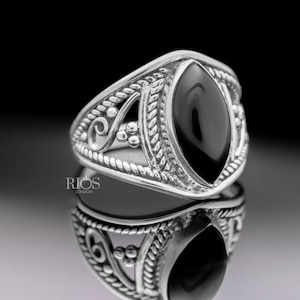 New Marquise Black ONYX 925 Sterling Silver Natural Gemstone Boho Women Ring  - Statement jewellery Rios London