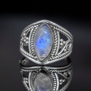 New Marquise MOONSTONE 925 Sterling Silver Gemstone Boho Women Ring  - Statement Moonstone jewellery Rios London
