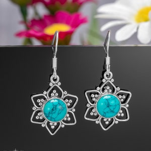 925 Sterling Silver Turquoise Star Dangle Drop Earrings Gift Boxed - Boho jewellery / Green Round Gemstone jewelry Rios London