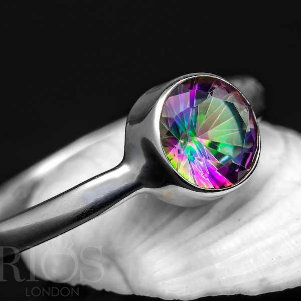 Handmade Sterling Silver Mystic Fire Topaz Ring: Facet Cut Gemstone