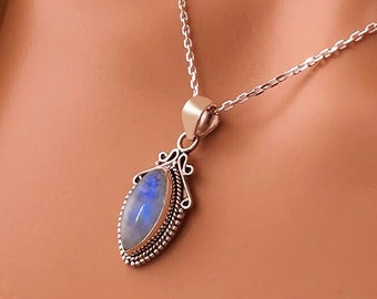 New Marquise MOONSTONE 925 Sterling Silver Gemstone Necklace Pendant Gift Boxed- stone jewellery / Gemstone jewelry / Blue stone Rios London