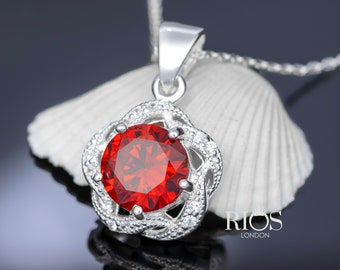 Beautiful 925 Sterling Silver Garnet Facet Cut Gemstone Pendant Necklace - Red Round stone Boho Chain jewellery Rios London