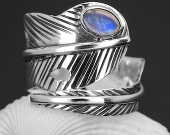 Rainbow Moonstone 925 Sterling Silver Gemstone Jewelry Leaf / Feather Adjustable Ring - Statement Stone jewellery / Boho Unique Fashion