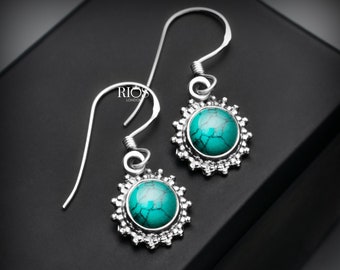 Teal Turquoise Sterling Silver Dangle Earrings: Round Boho Jewelry