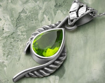 Natural Peridot Sterling Silver Necklace: Pear Leaf Pendant