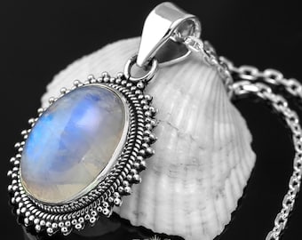 Sterling Silver Moonstone Pendant Necklace: Boho Gemstone Jewelry Gift