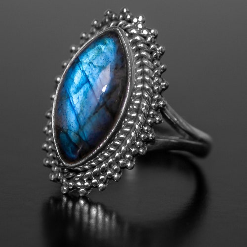 Handmade Marquise Labradorite Spiral Ring - 925 Sterling Silver Boho Vintage Ring For Women (US Sizes 6-10) - View #9