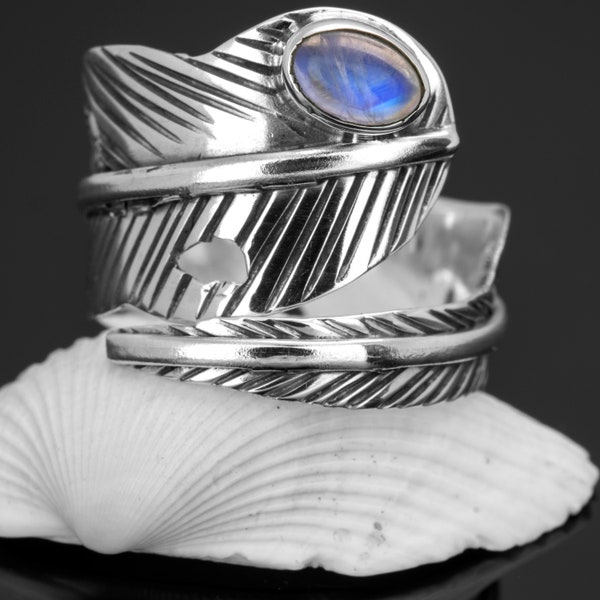 Rainbow Moonstone 925 Sterling Silver Gemstone Jewelry Leaf / Feather Adjustable Ring - Statement Stone jewellery / Boho Unique Fashion