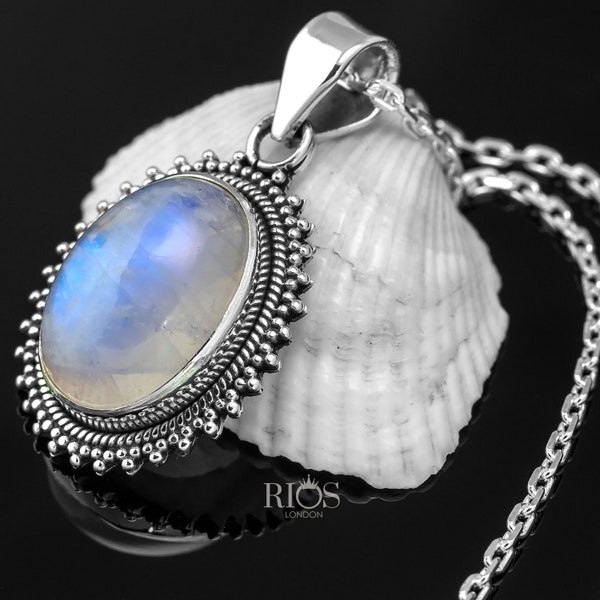 Superb 925 Sterling Silver Natural Moonstone Gemstone Necklace Pendant Chain Gift Boxed-  Clear Boho jewellery / Blue stone Rios London