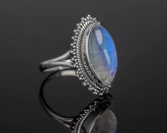 Natural MOONSTONE 925 Sterling Silver Gemstone Boho Ladies Ring Gift for Mother Boxed - Statement Rainbow jewellery / Blue Stone jewelry