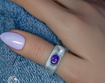 Amethyst Sterling Silver Ring: Handmade Oval Gemstone, February Birthstone