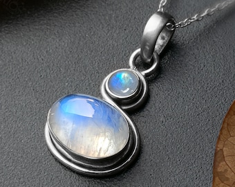 Oval Moonstone Pendant Necklace: 925 Sterling Silver, Handmade