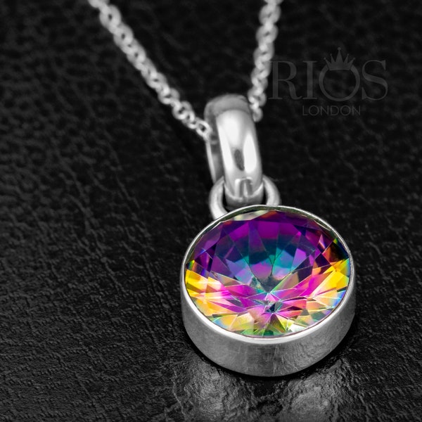 Beautiful 925 Sterling Silver Mystic Fire Topaz Facet Cut Gemstone Pendant Necklace - Multicolor stone Chain jewellery- Rainbow Boho jewelry