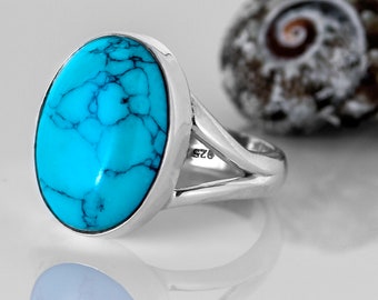 Handmade Turquoise Ring: Oval Gemstone, 925 Sterling Silver, Boho Jewelry