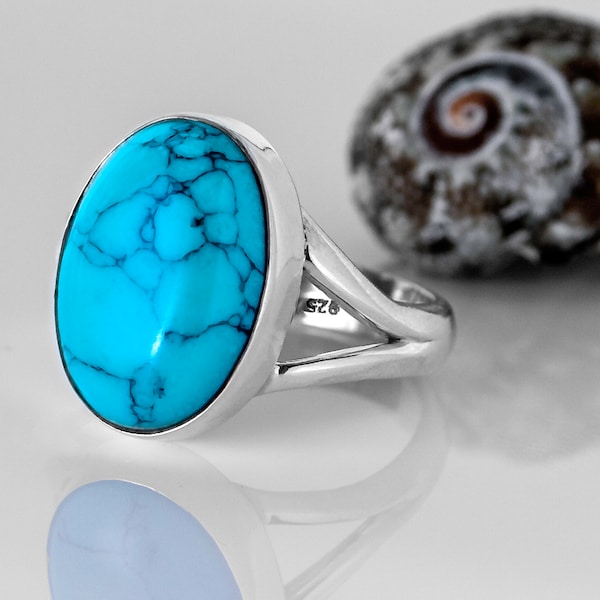 Natural Turquoise 925 Sterling Silver Oval Gemstone Gift Boxed - Statement ring - Turquoise jewellery / gemstone Boho jewelry Rios London