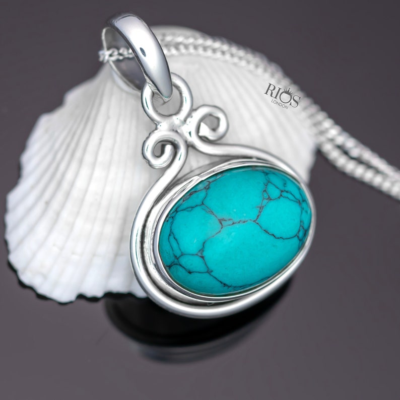 925 Sterling Silver Natural Turquoise Gemstone Pendant Women Chain Necklace Gift Boxed Turquoise jewellery / Silver Boho Stone jewelry image 2