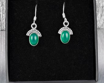 Handmade Sterling Silver Green Onyx Dangle Earrings - Gift Boxed