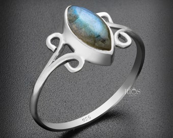 Natural Labradorite Handmade 925 Sterling Silver Gemstone Stacking Marquise Stone Ring Gift for Her Boxed - Boho Jewellery / Women Jewelry