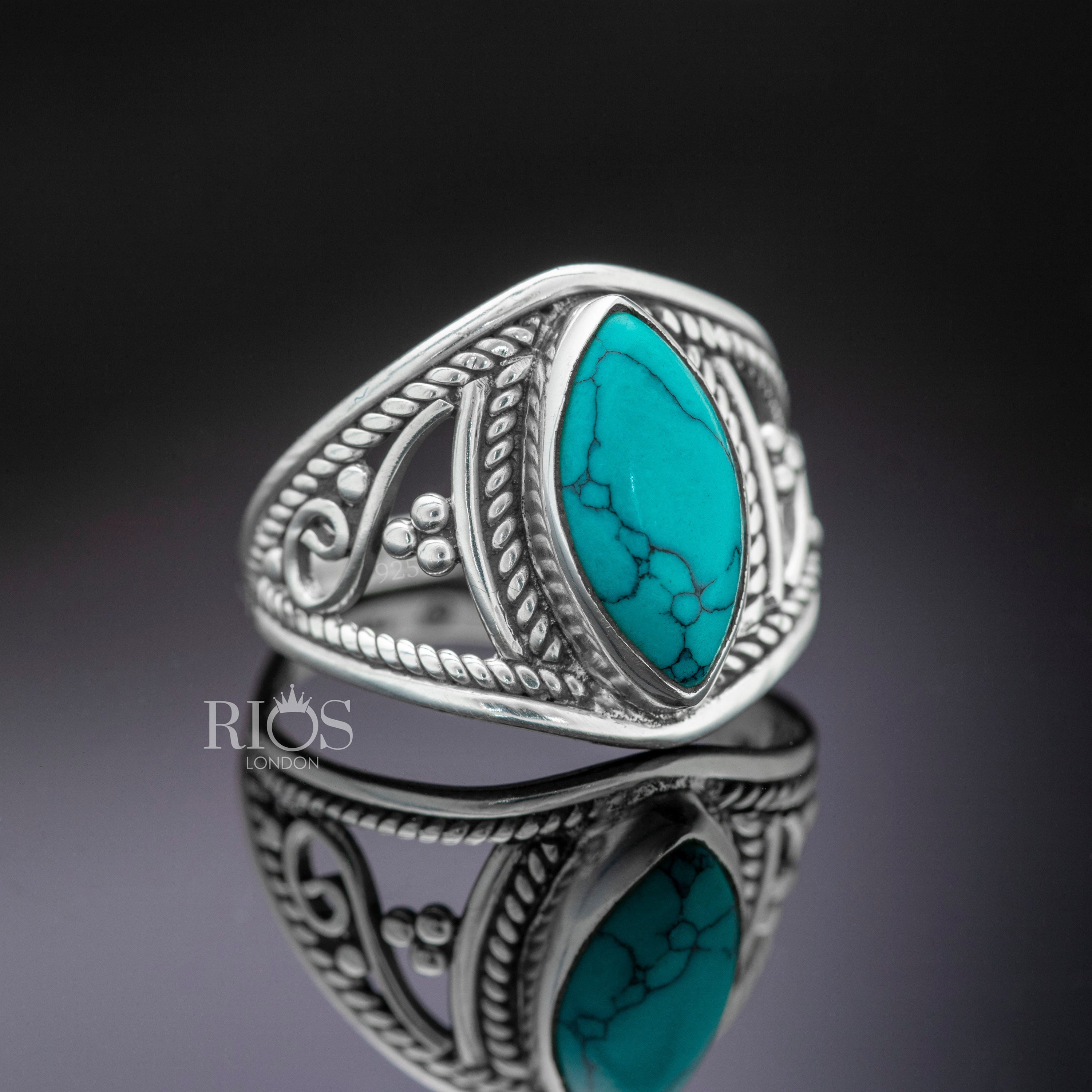 New Marquise 925 Sterling Silver Turquoise Gemstone Boho Women Ring  - Statement jewellery Rios London
