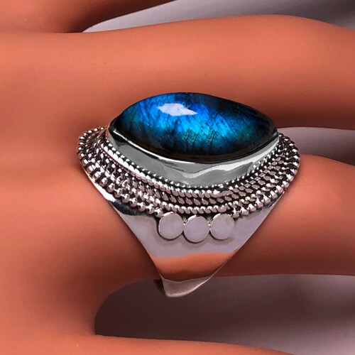 Handmade Marquise Labradorite Spiral Ring - 925 Sterling Silver Boho Vintage Ring For Women (US Sizes 6-10) - View #6