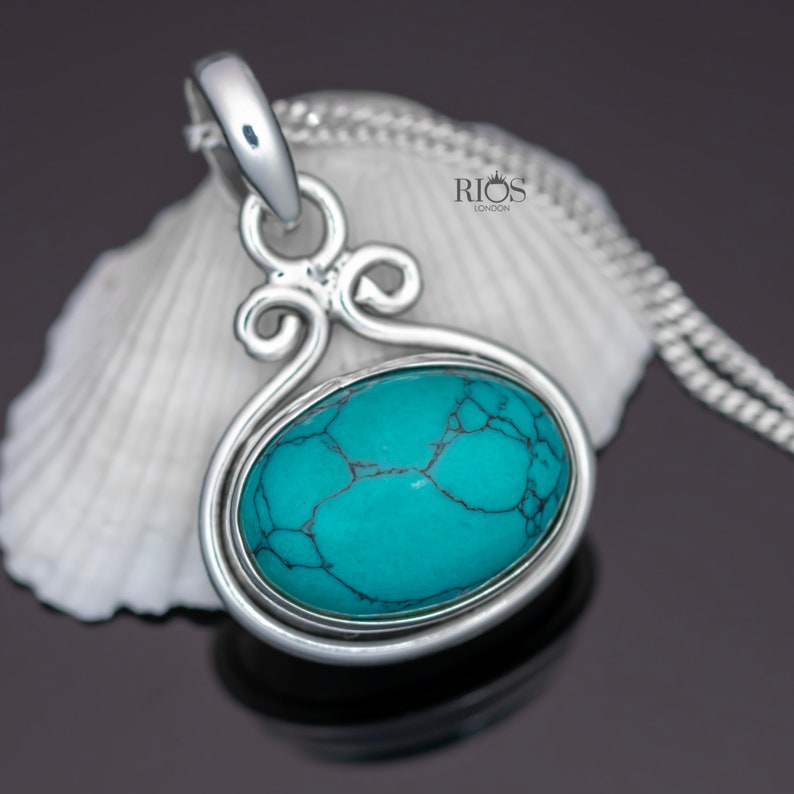 925 Sterling Silver Natural Turquoise Gemstone Pendant Women Chain Necklace Gift Boxed Turquoise jewellery / Silver Boho Stone jewelry image 3