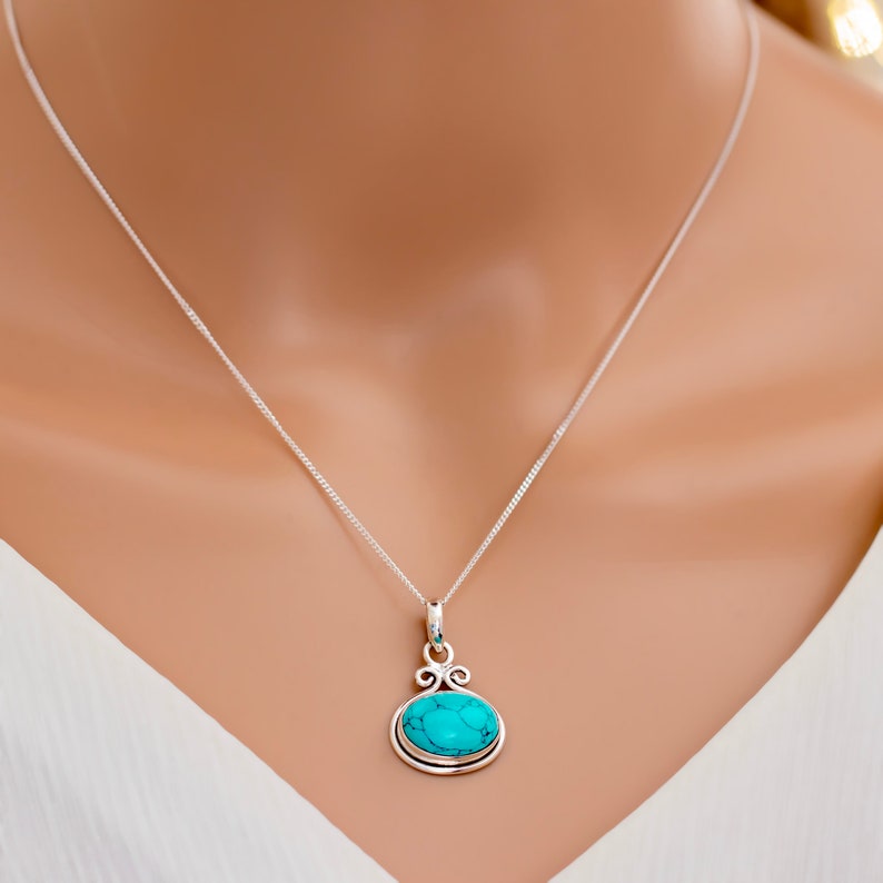 925 Sterling Silver Natural Turquoise Gemstone Pendant Women Chain Necklace Gift Boxed Turquoise jewellery / Silver Boho Stone jewelry image 5