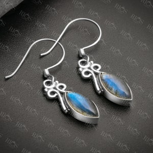 925 Sterling Silver Natural Labradorite Drop Dangle Earrings Hook Gift Boxed -Boho cabochon Gem jewellery/ Blue Marquise Gemstone